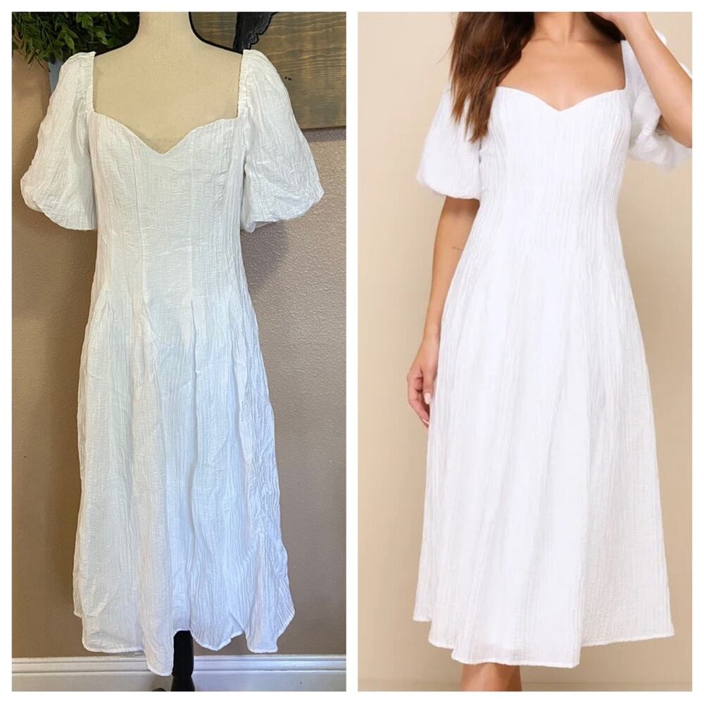 NWOT Lulus Heavenly Energy White Textured Puff Sleeve Pleated Midi Dress